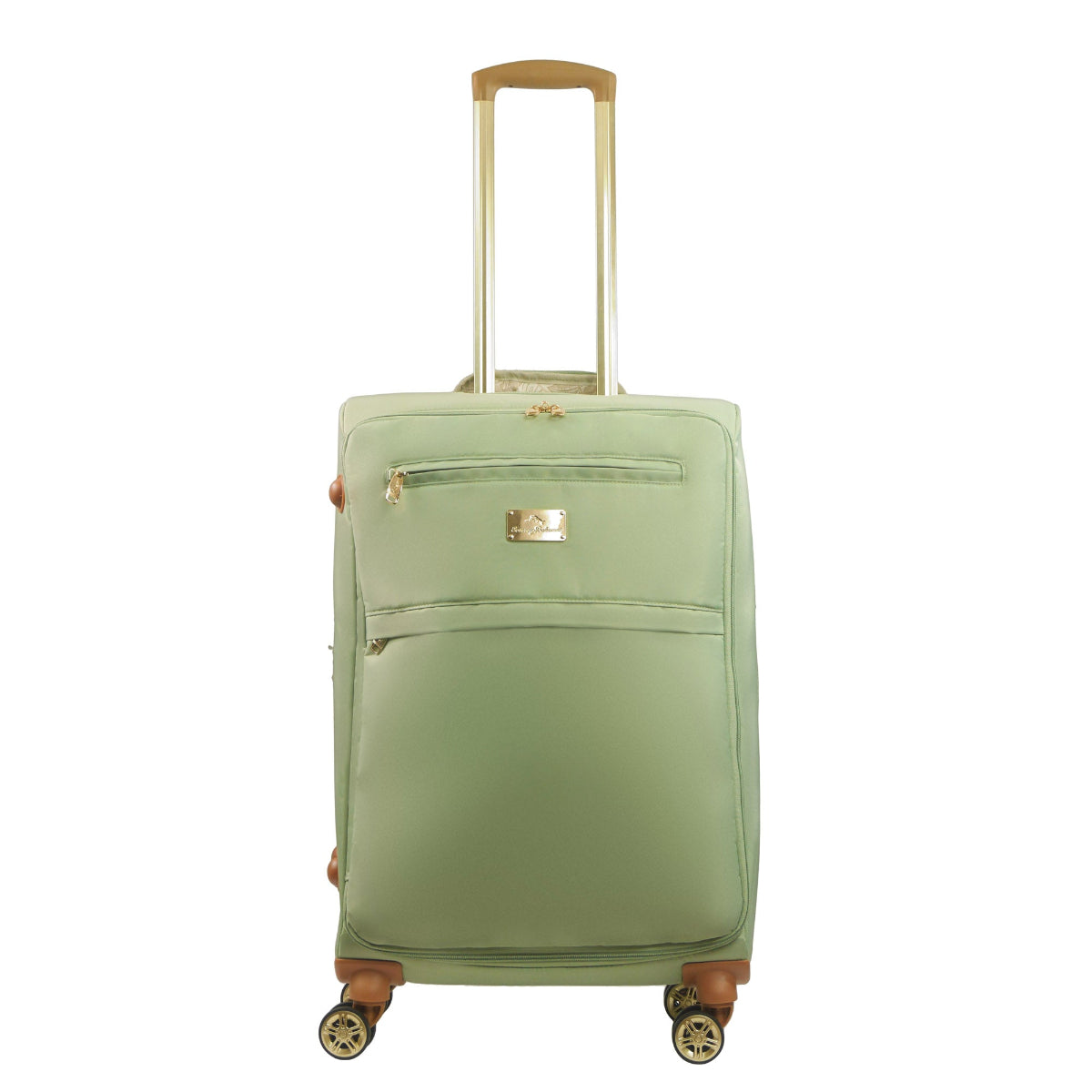 Green 26 inches soft-sided spinner luggage durable, and easy maneuverability with 360° spinner wheels and gold handle. Officially licensed Tommy Bahama. Front.