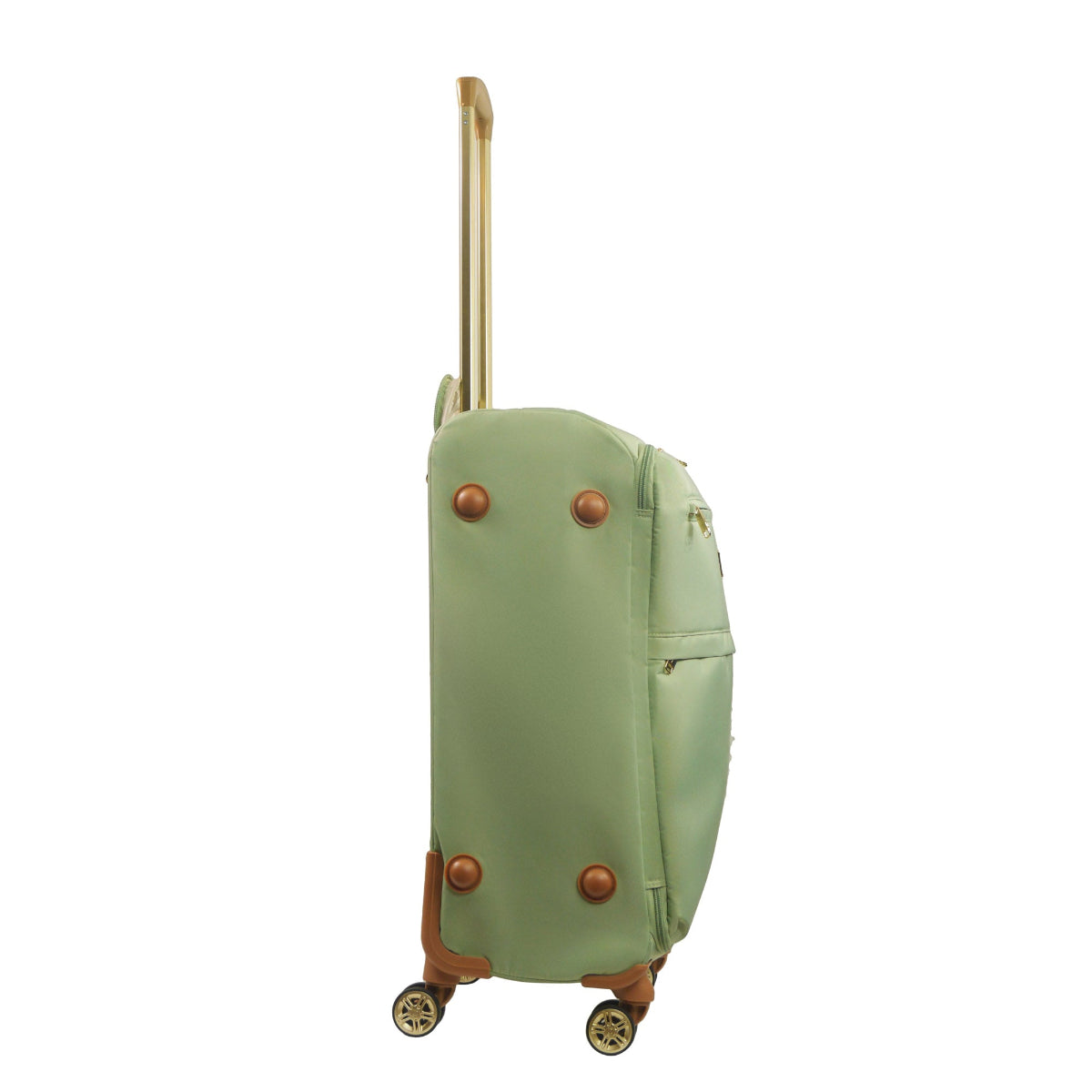 Green 26 inches soft-sided spinner luggage durable, and easy maneuverability with 360° spinner wheels and gold handle. Officially licensed Tommy Bahama. Side view.