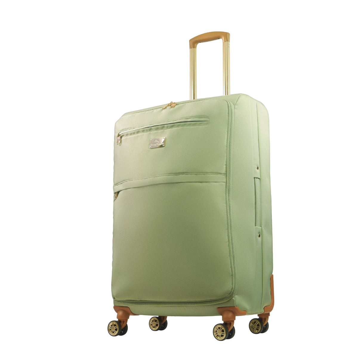 Green 30 inches soft-sided spinner luggage durable, and easy maneuverability with 360° spinner wheels and gold handle. Officially licensed Tommy Bahama. Angled.