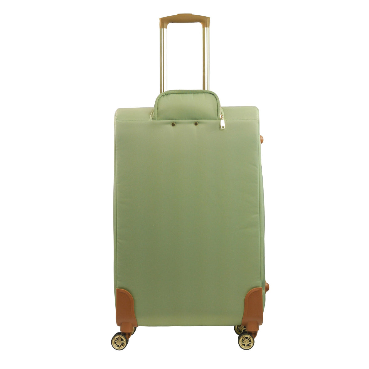 Green 30 inches soft-sided spinner luggage durable, and easy maneuverability with 360° spinner wheels and gold handle. Officially licensed Tommy Bahama. Back.