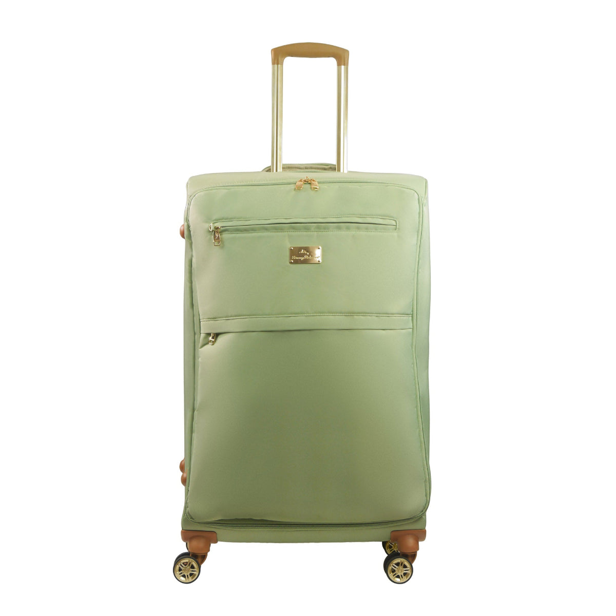 Green 30 inches soft-sided spinner luggage durable, and easy maneuverability with 360° spinner wheels and gold handle. Officially licensed Tommy Bahama. Front.