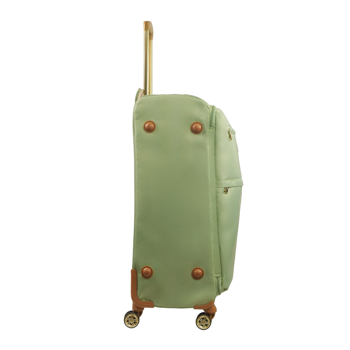 Green 30 inches soft-sided spinner luggage durable, and easy maneuverability with 360° spinner wheels and gold handle. Officially licensed Tommy Bahama. Side View.