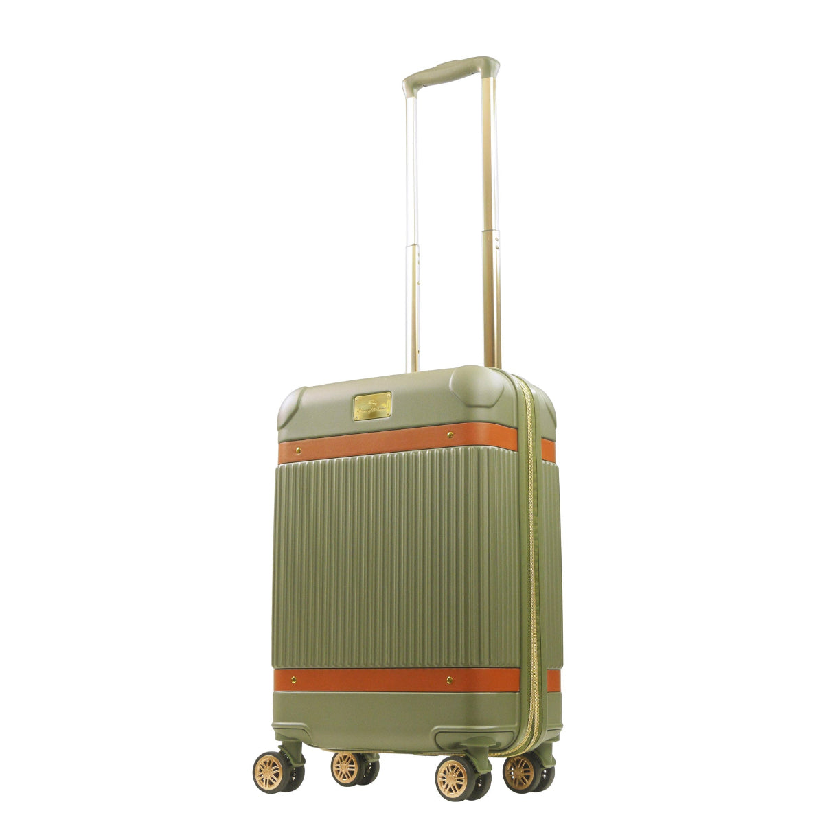 Green striped 22.5-inch carry-on hardside expandable luggage durable, fast and effort-free transportation with 360° spinner wheels. Officially licensed Tommy Bahama. Angled.