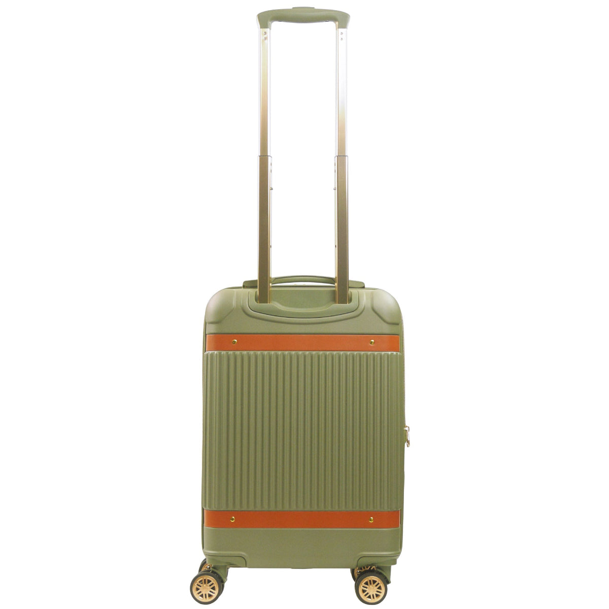 Green striped 22.5-inch carry-on hardside expandable luggage durable, fast and effort-free transportation with 360° spinner wheels. Officially licensed Tommy Bahama. Back view.