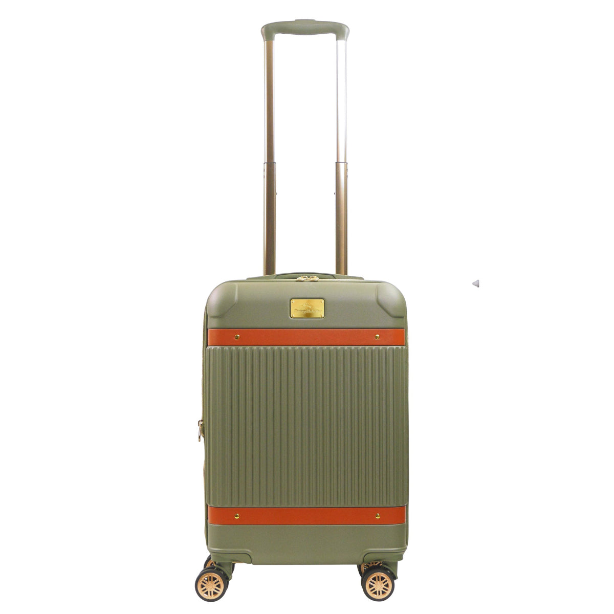 Green striped 22.5-inch carry-on hardside expandable luggage durable, fast and effort-free transportation with 360° spinner wheels. Officially licensed Tommy Bahama. Front.