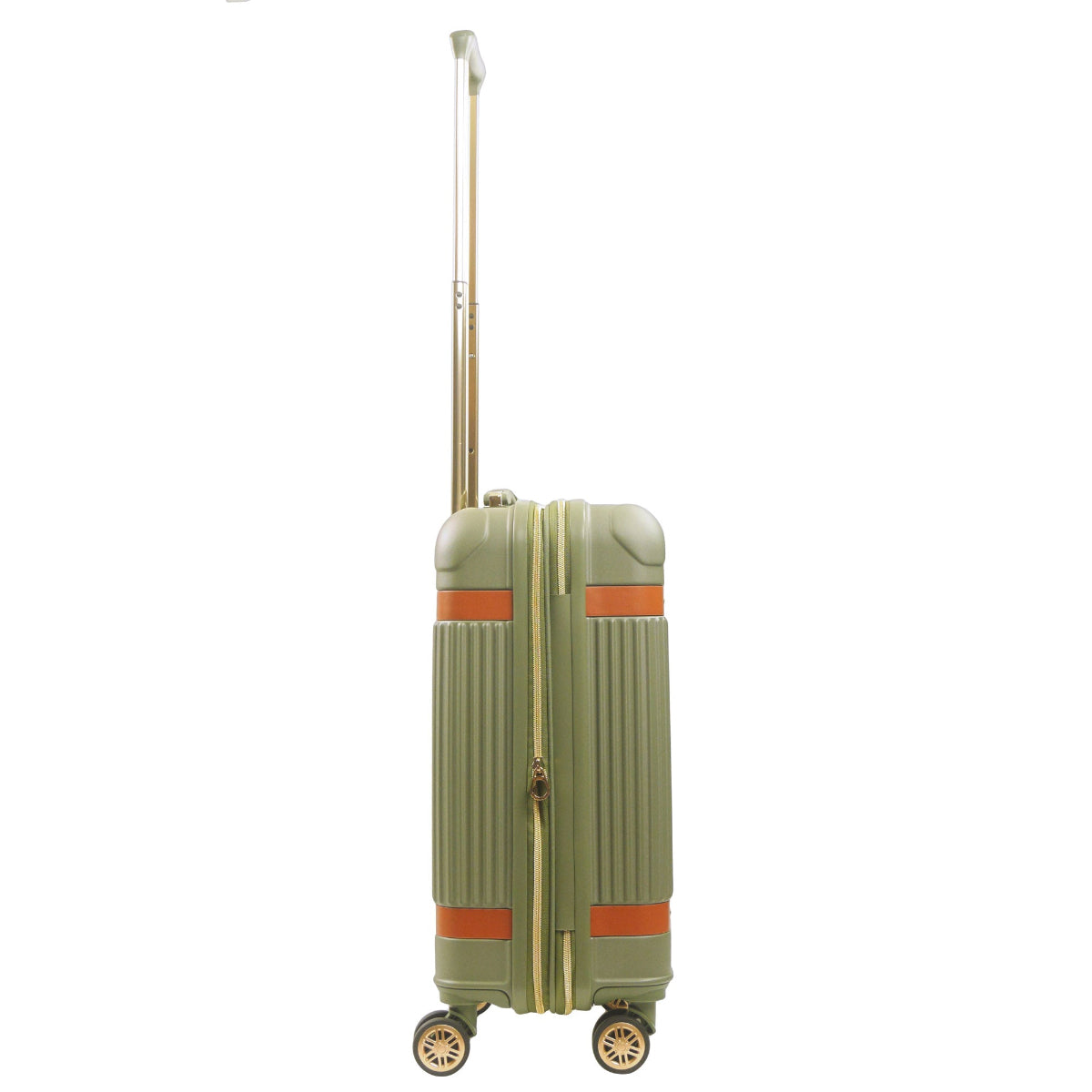 Green striped 22.5-inch carry-on hardside expandable luggage durable, fast and effort-free transportation with 360° spinner wheels. Officially licensed Tommy Bahama. Side view.