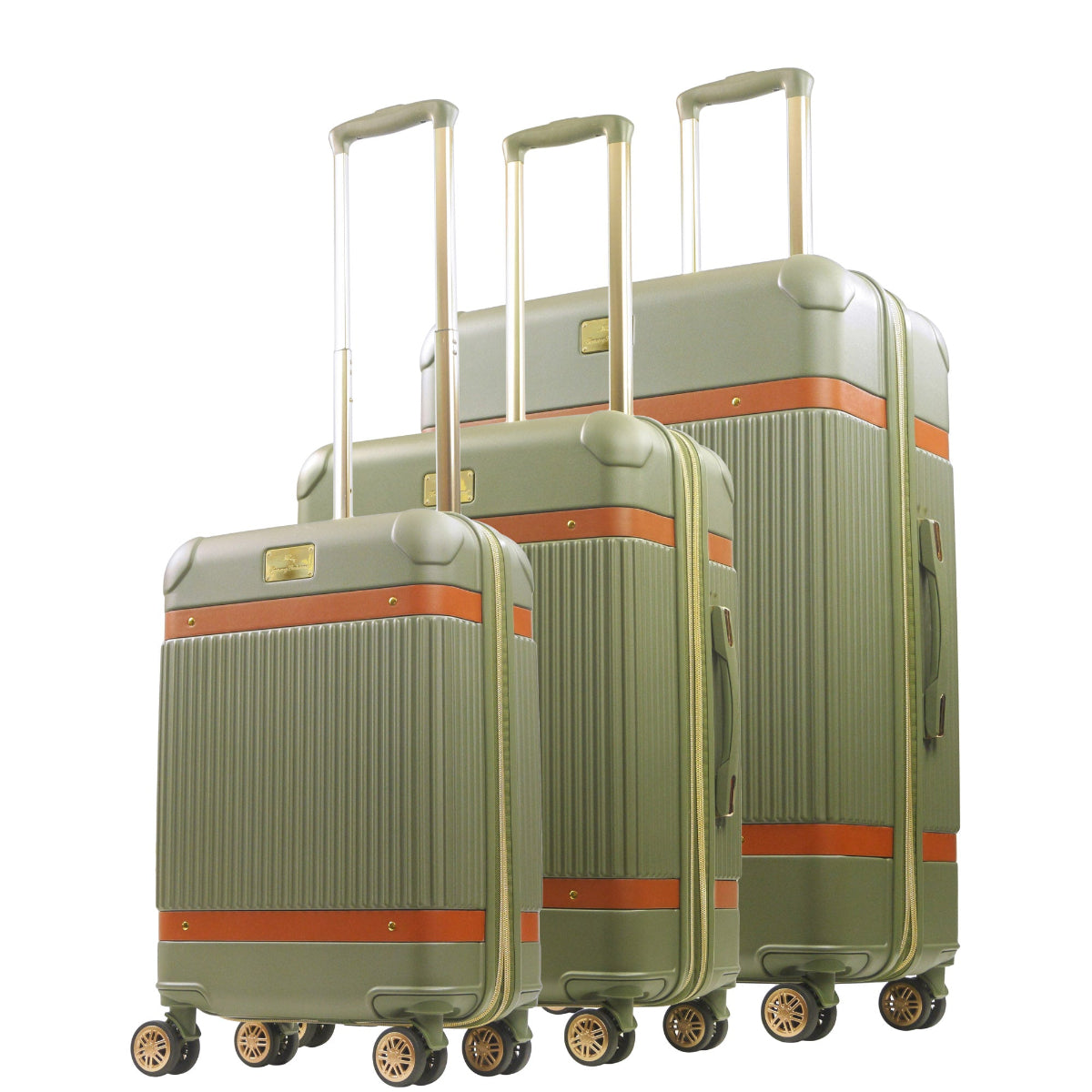 Green striped 3-piece carry-on hard-sided expandable luggage suitcase set durable, fast and effort-free transportation with 360° spinner wheels. Officially licensed Tommy Bahama. Angled.