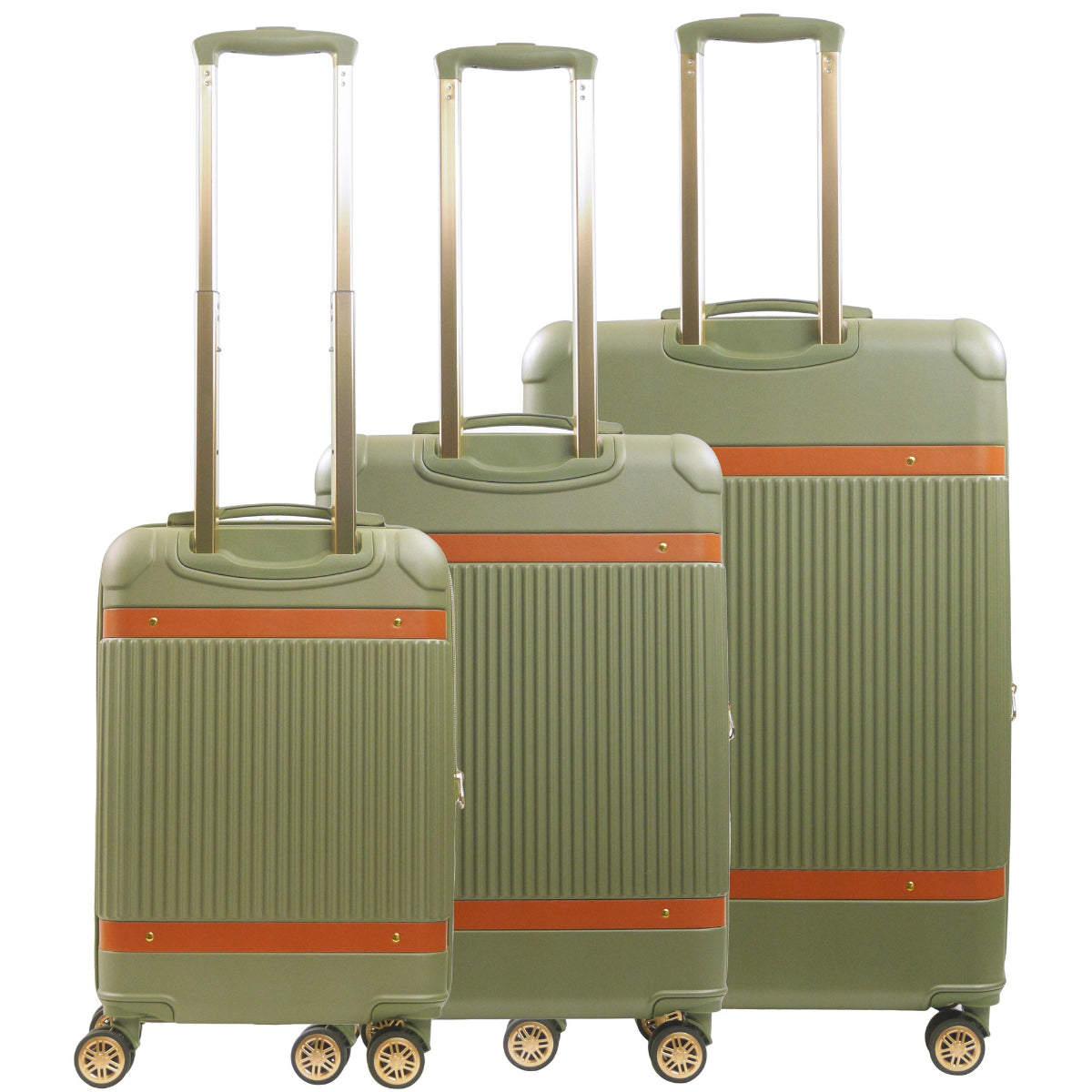 Green striped 3-piece carry-on hard-sided expandable luggage suitcase set durable, fast and effort-free transportation with 360° spinner wheels. Officially licensed Tommy Bahama. Back