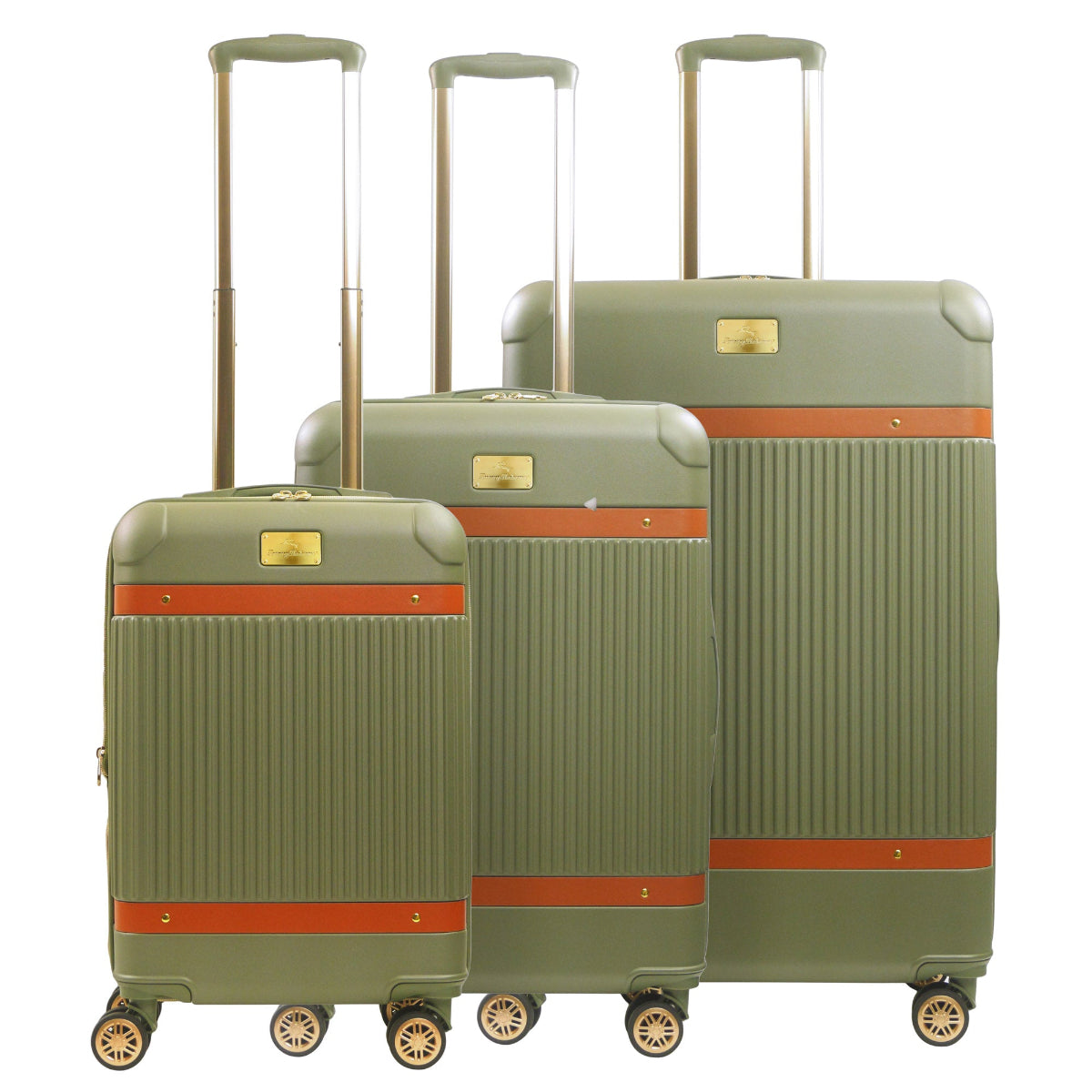 Green striped 3-piece carry-on hard-sided expandable luggage suitcase set durable, fast and effort-free transportation with 360° spinner wheels. Officially licensed Tommy Bahama. Front.