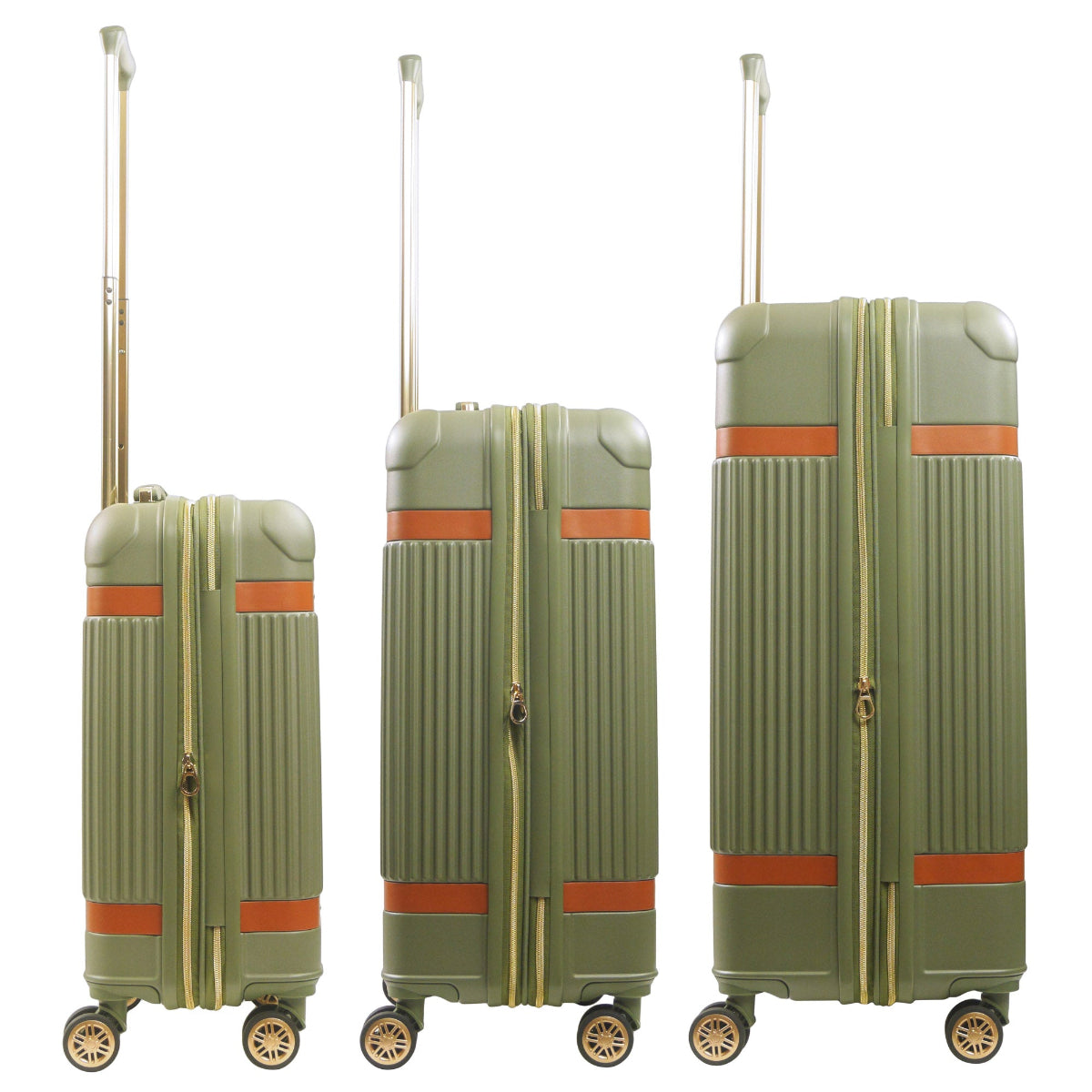 Green striped 3-piece carry-on hard-sided expandable luggage suitcase set durable, fast and effort-free transportation with 360° spinner wheels. Officially licensed Tommy Bahama. Side view.