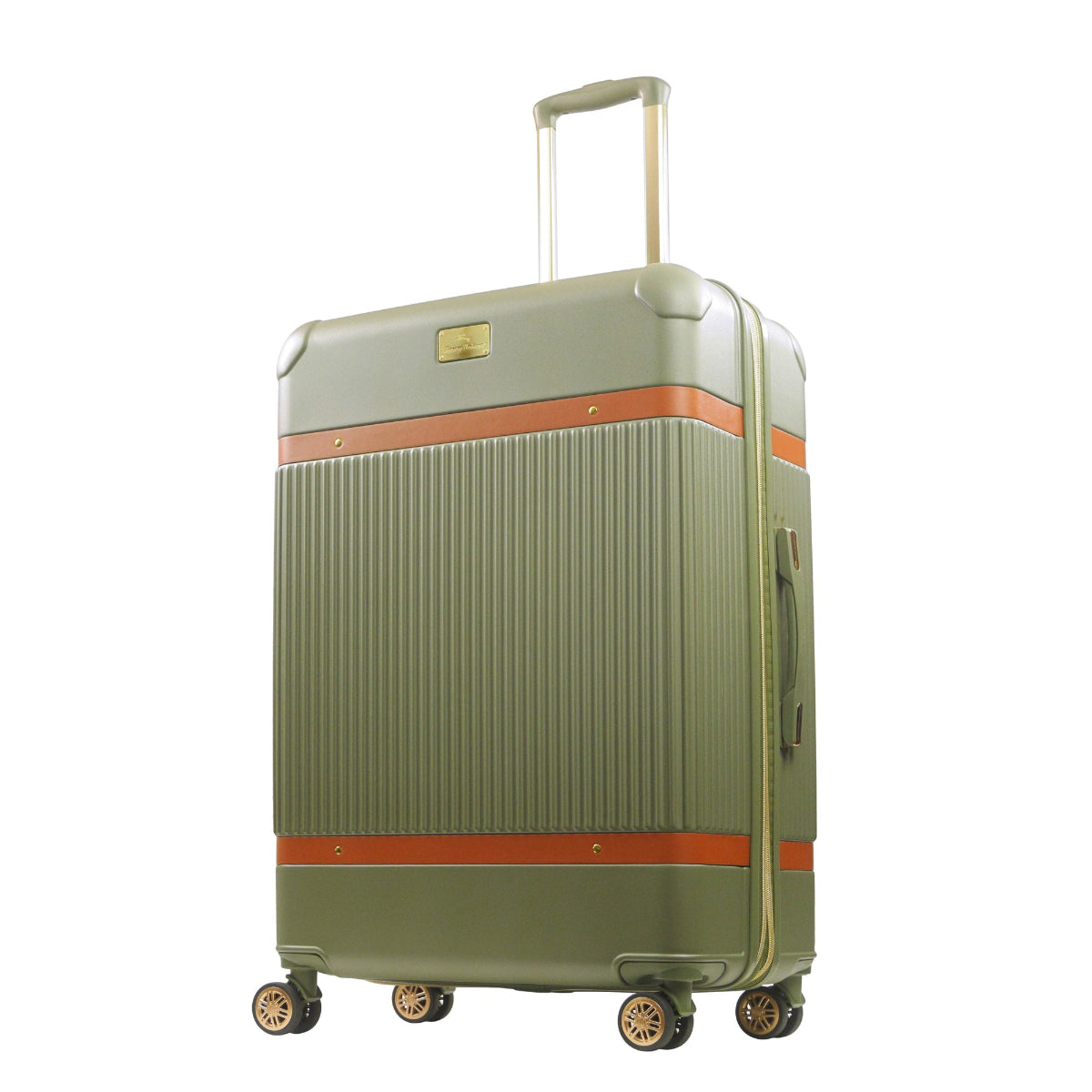 Green striped 30.5-inch carry-on hardside expandable luggage durable, fast and effort-free transportation with 360° spinner wheels. Officially licensed Tommy Bahama. Angled.