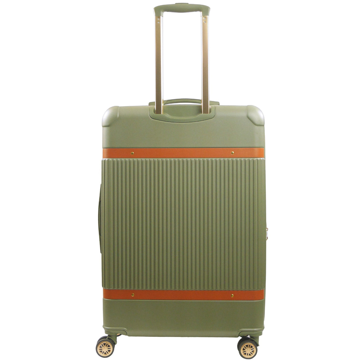 Green striped 30.5-inch carry-on hardside expandable luggage durable, fast and effort-free transportation with 360° spinner wheels. Officially licensed Tommy Bahama. Back view.