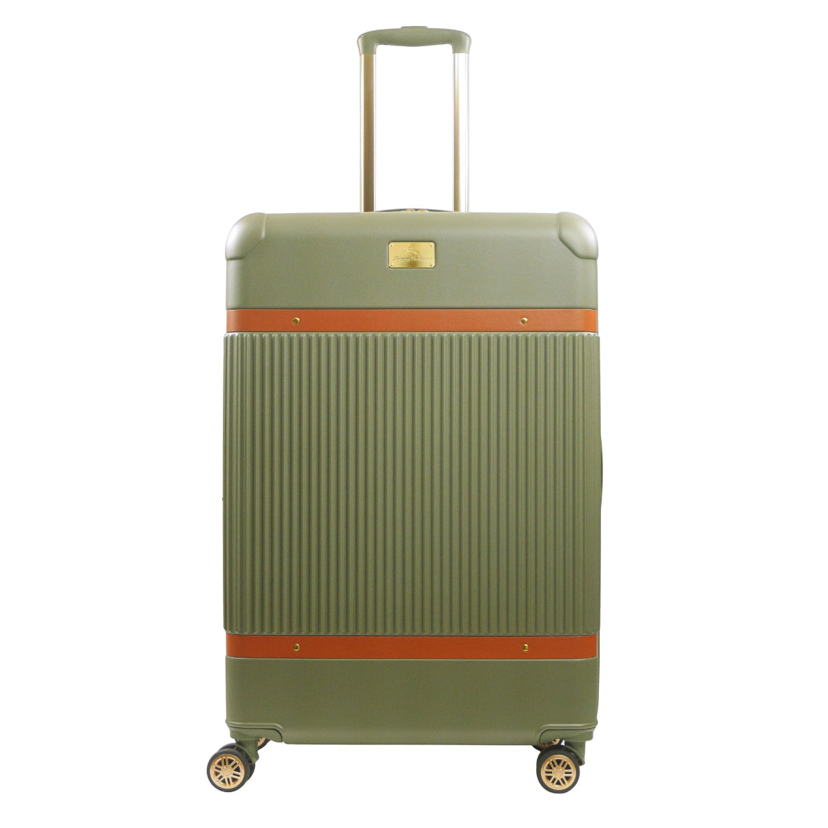 Green striped 30.5-inch carry-on hardside expandable luggage durable, fast and effort-free transportation with 360° spinner wheels. Officially licensed Tommy Bahama. Front.