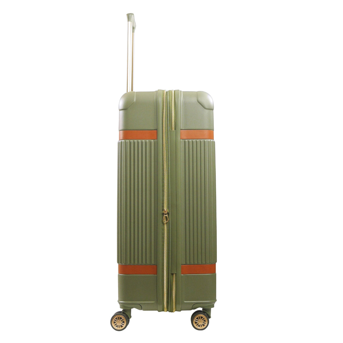 Green striped 30.5-inch carry-on hardside expandable luggage durable, fast and effort-free transportation with 360° spinner wheels. Officially licensed Tommy Bahama. Side view.