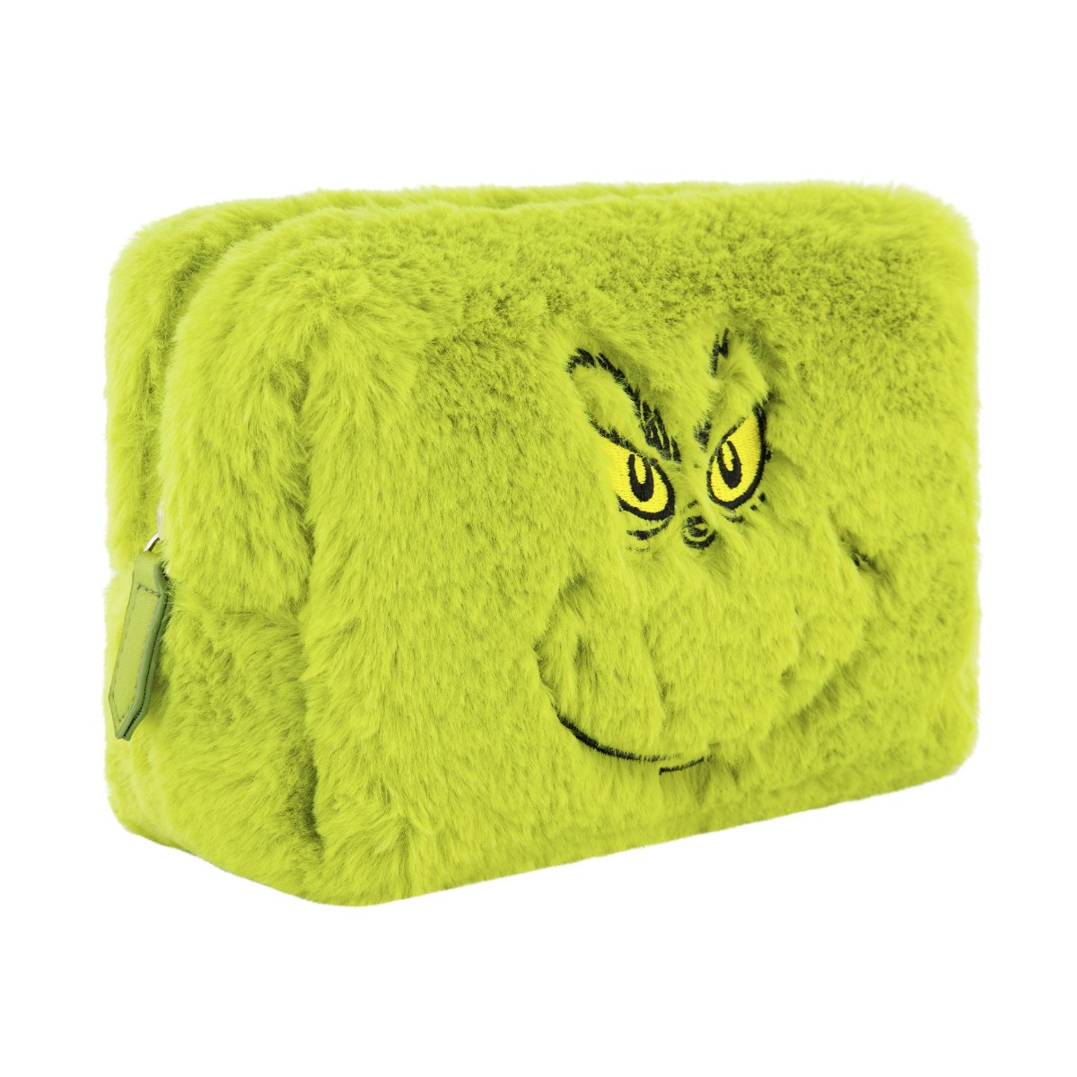 Green Grinch Face Plush Cosmetic Bag. Soft, furry, and featuring the iconic Grinch scowl, this compact bag is the perfect way to store your essentials in style.