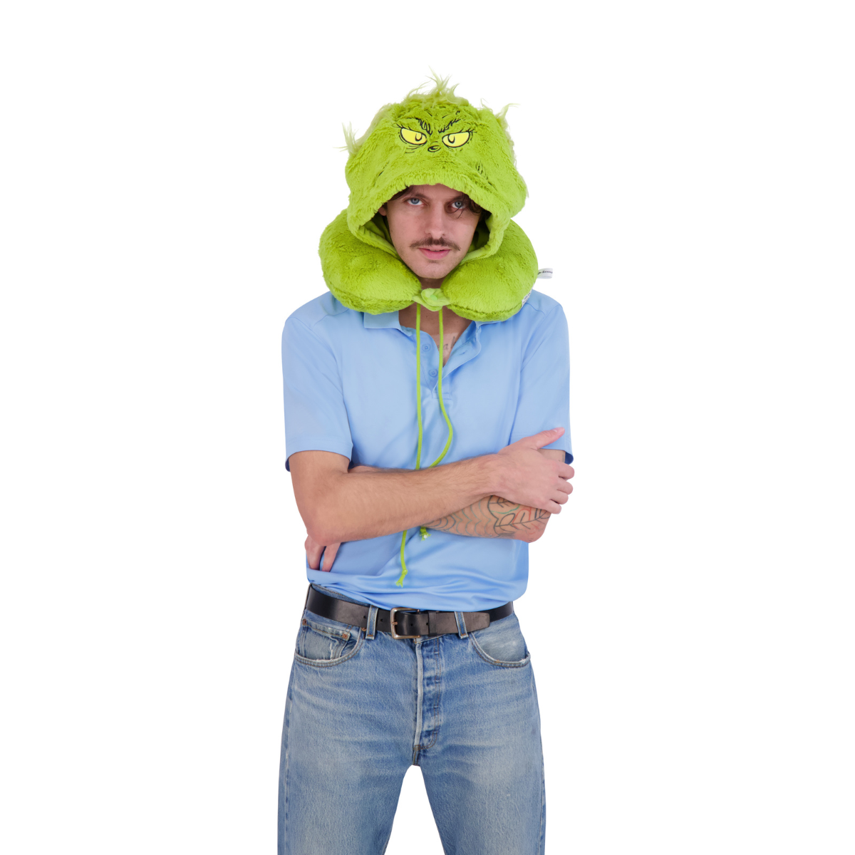 Green Grinch face hooded faux fur best travel neck pillow.