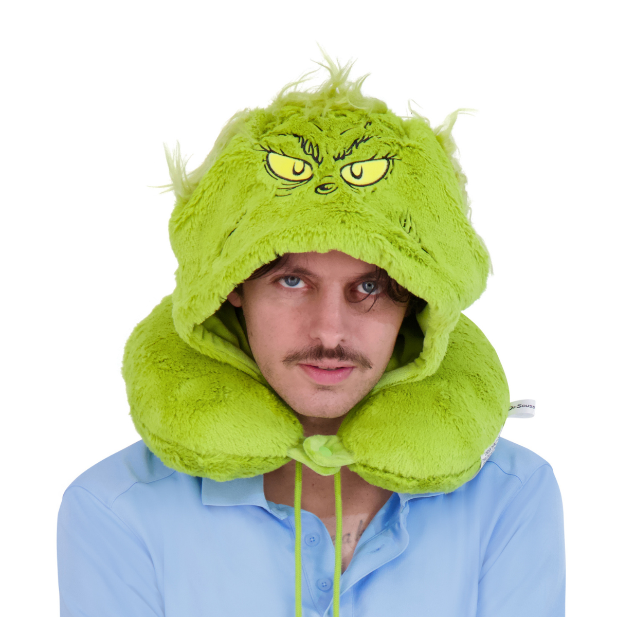 Green Grinch face hooded faux fur best travel neck pillow.