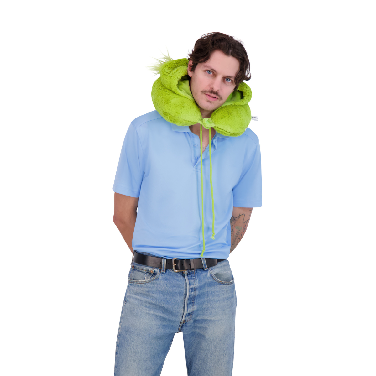 Green Grinch face hooded faux fur best travel neck pillow.