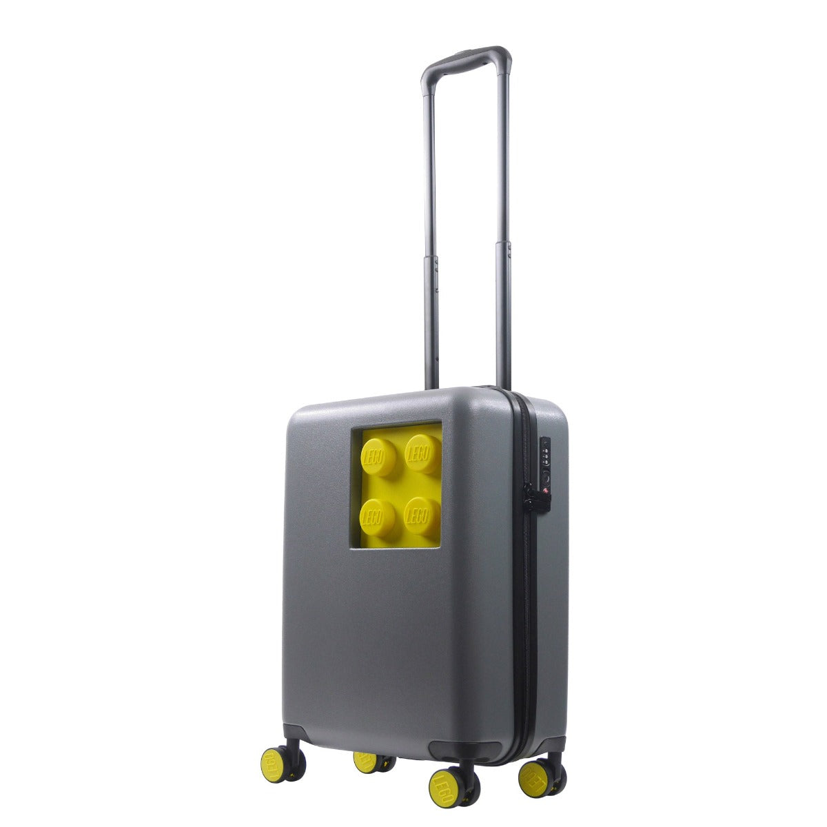 Grey and yellow Lego Signature Brick 2X2 21" carry-on spinner suitcase rolling luggage