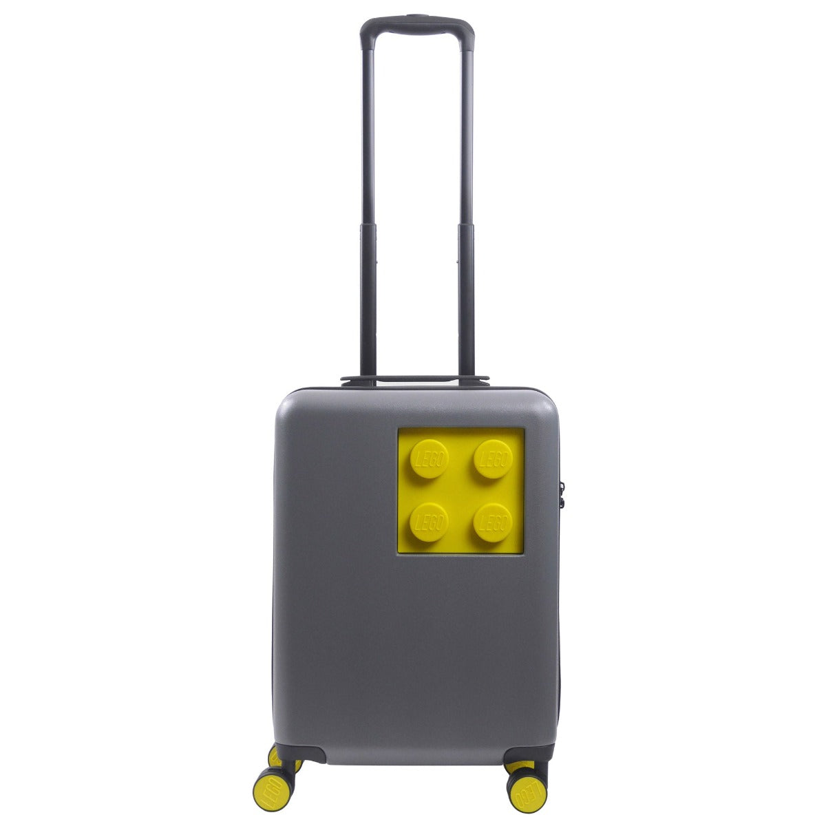 Grey and yellow Lego Signature Brick 2X2 21" carry-on spinner suitcase for travel