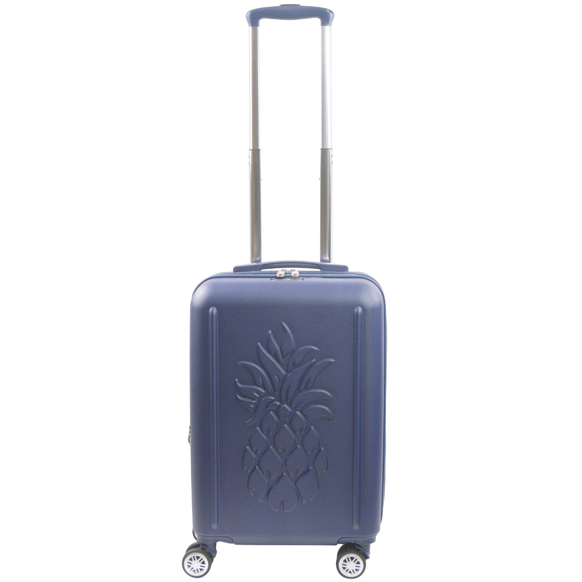 Navy 3D Pineapple 22-inch carry-on hardside expandable luggage durable, fast and effort-free transportation with 360° spinner wheels. Officially licensed Tommy Bahama. Front.