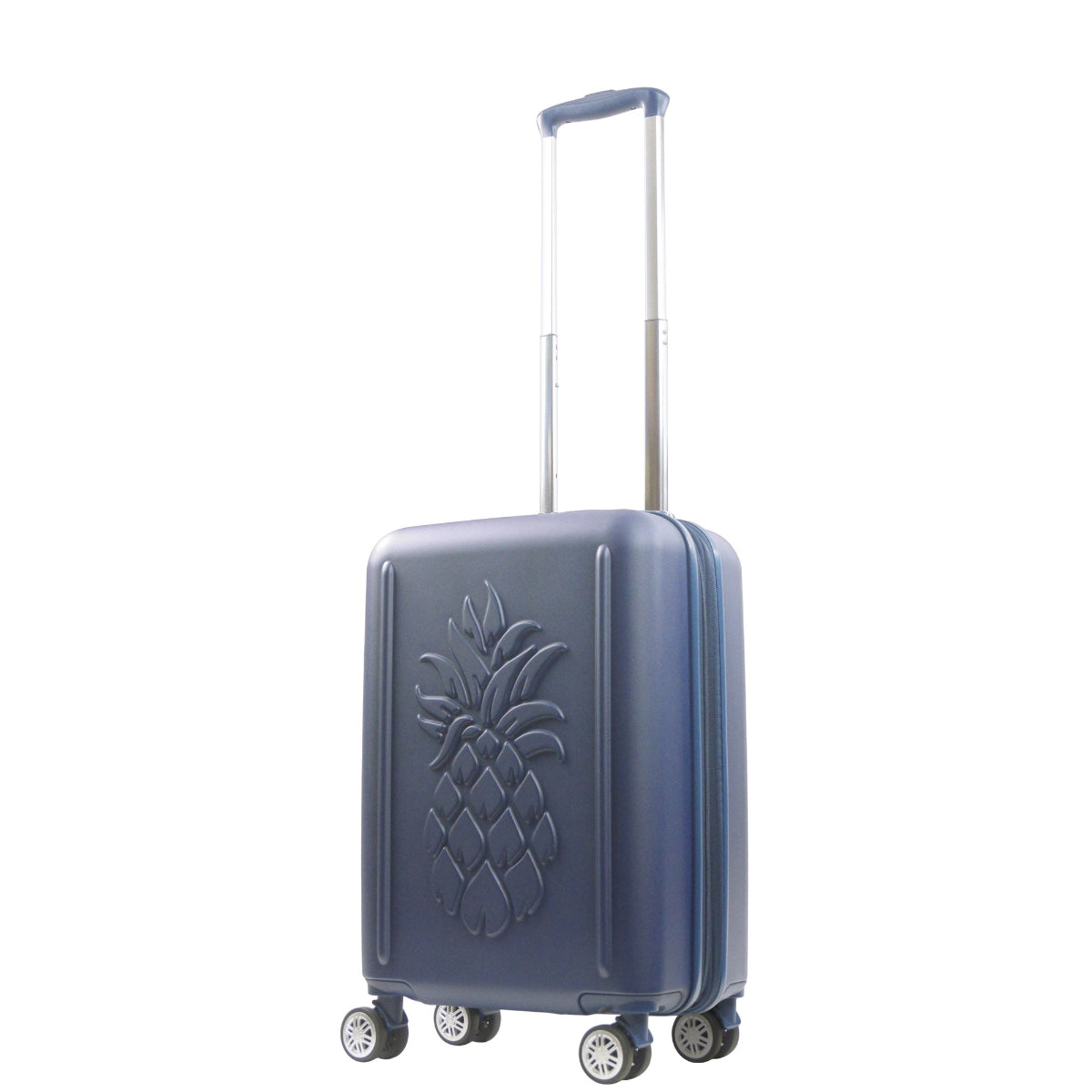 Navy 3D Pineapple 22.5-inch carry-on hardside expandable luggage durable, fast and effort-free transportation with 360° spinner wheels. Officially licensed Tommy Bahama. Angled