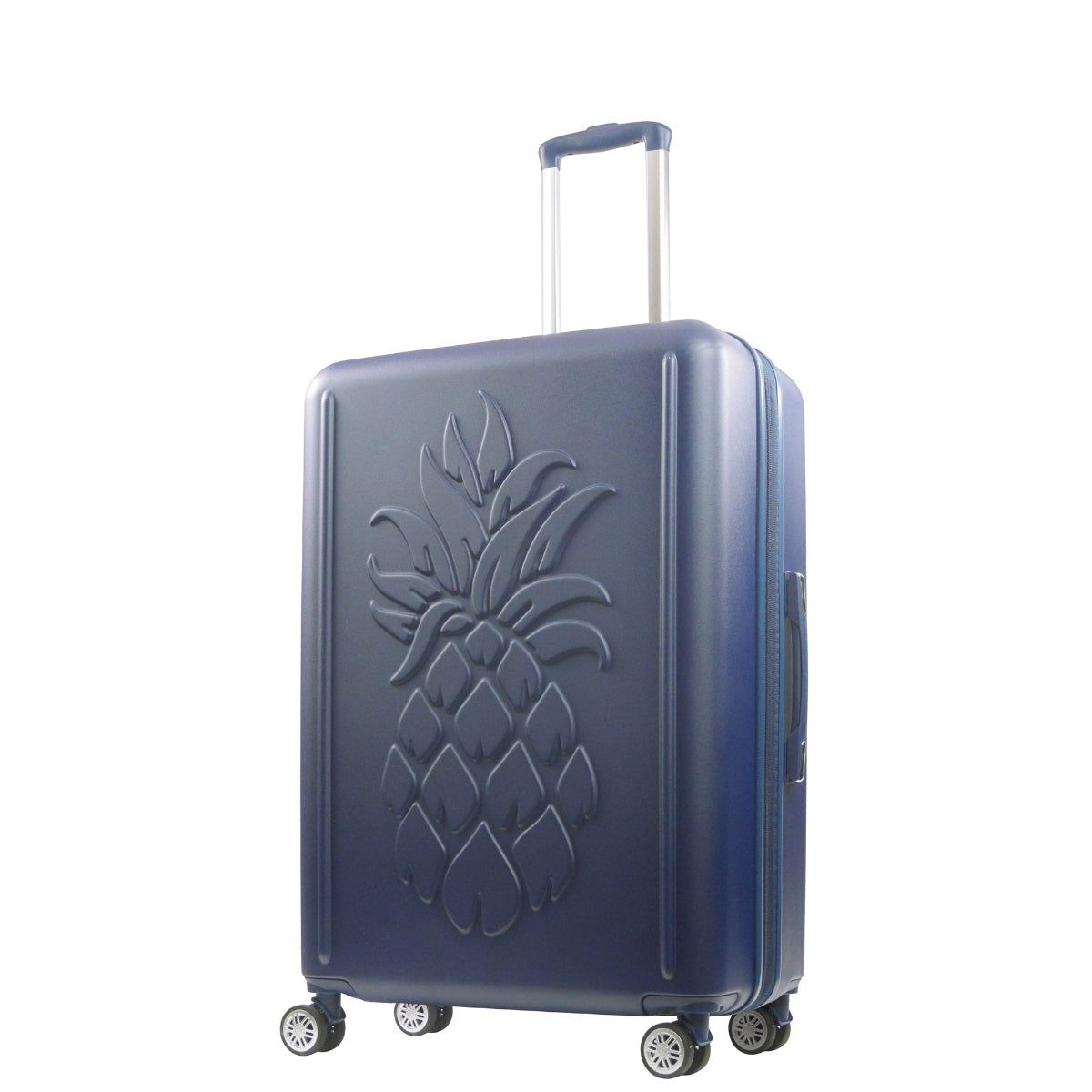 Navy 3D Pineapple 30.5-inch carry-on hardside expandable luggage durable, fast and effort-free transportation with 360° spinner wheels. Officially licensed Tommy Bahama. Angled