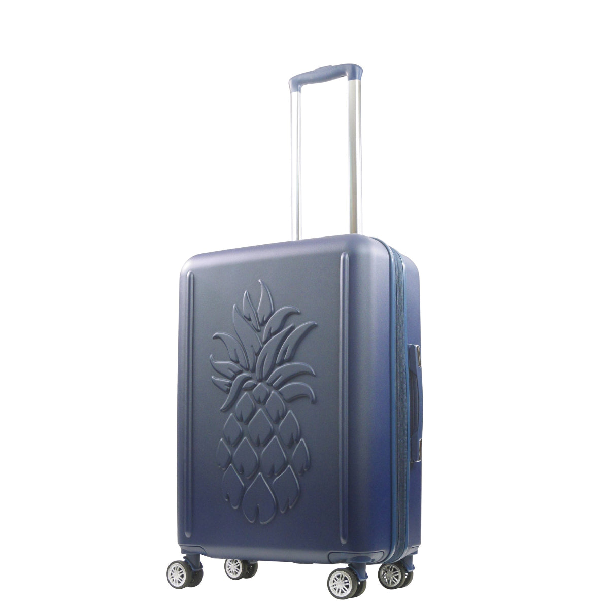 Navy blue 3D Pineapple 26.5-inch carry-on hardside expandable luggage durable, fast and effort-free transportation with 360° spinner wheels. Officially licensed Tommy Bahama. Angled.