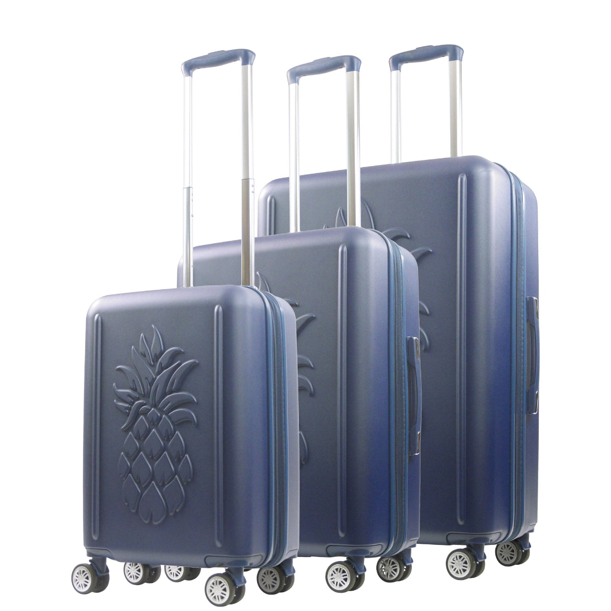 Navy Blue 3D Pineapple carry-on hardside expandable luggage set durable, fast and effort-free transportation with 360° spinner wheels. Officially licensed Tommy Bahama. Angled.