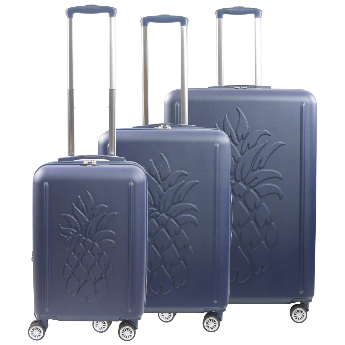 Navy Blue 3D Pineapple carry-on hardside expandable luggage set durable, fast and effort-free transportation with 360° spinner wheels. Officially licensed Tommy Bahama. Front view.