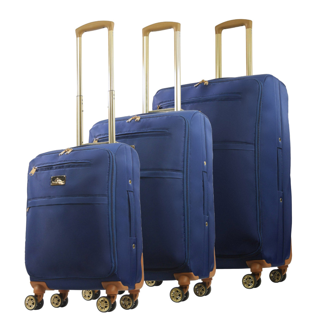 Navy Blue 3-piece soft-sided spinner luggage suitcase set durable, and easy maneuverability with 360° spinner wheels and gold handle. Officially licensed Tommy Bahama. Angled.