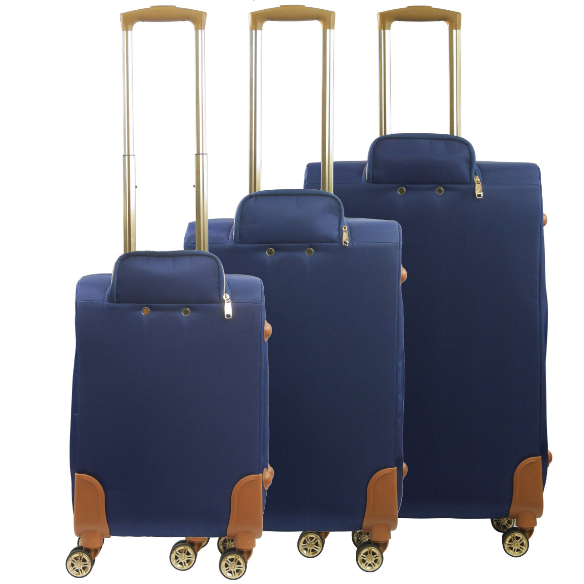 Navy Blue 3-piece soft-sided spinner luggage suitcase set durable, and easy maneuverability with 360° spinner wheels and gold handle. Officially licensed Tommy Bahama. Back view.