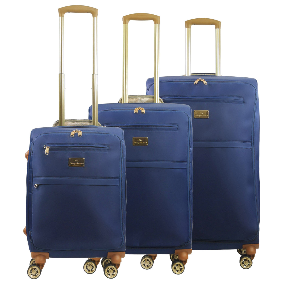 Navy Blue 3-piece soft-sided spinner luggage suitcase set durable, and easy maneuverability with 360° spinner wheels and gold handle. Officially licensed Tommy Bahama. Front view.