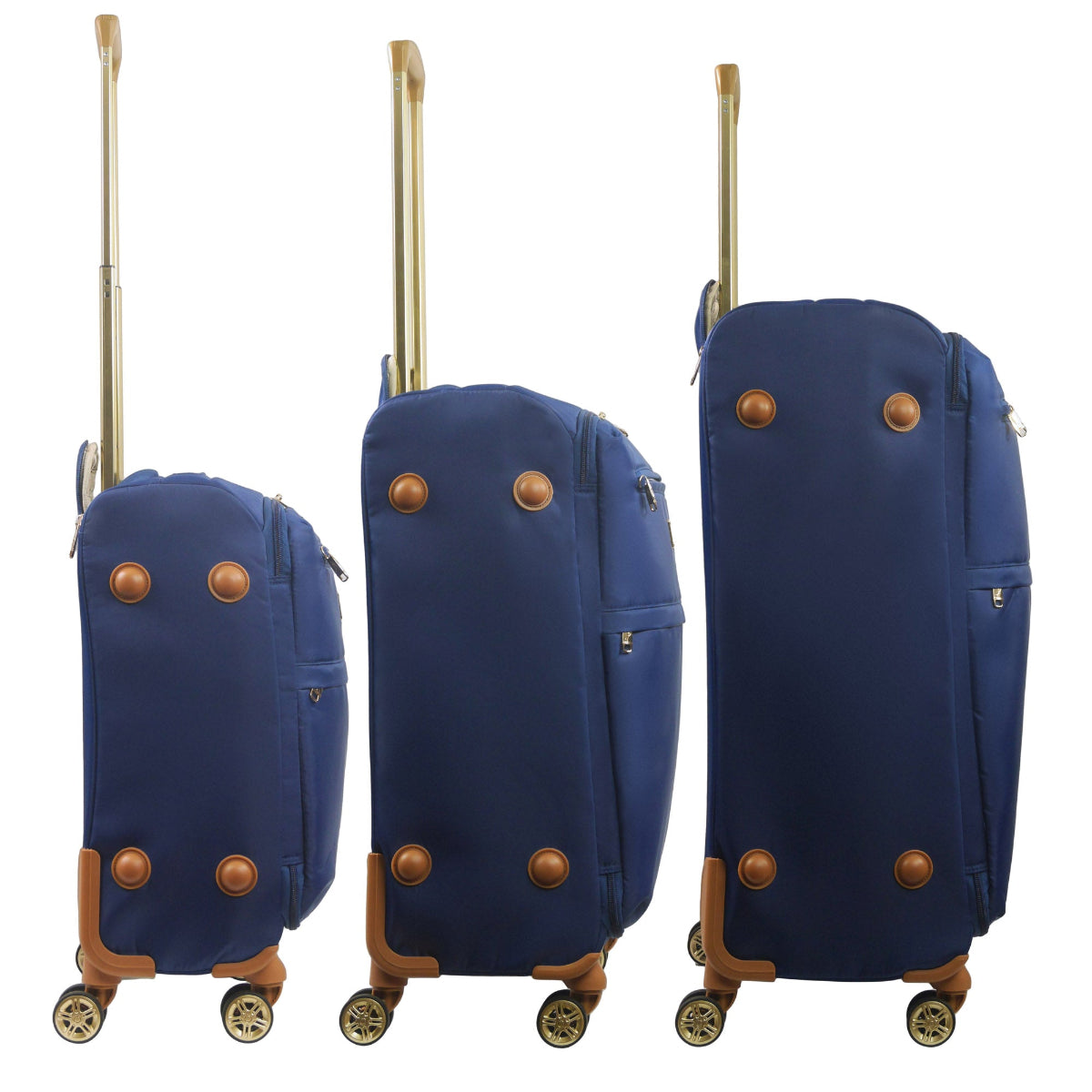 Navy Blue 3-piece soft-sided spinner luggage suitcase set durable, and easy maneuverability with 360° spinner wheels and gold handle. Officially licensed Tommy Bahama. Side view.