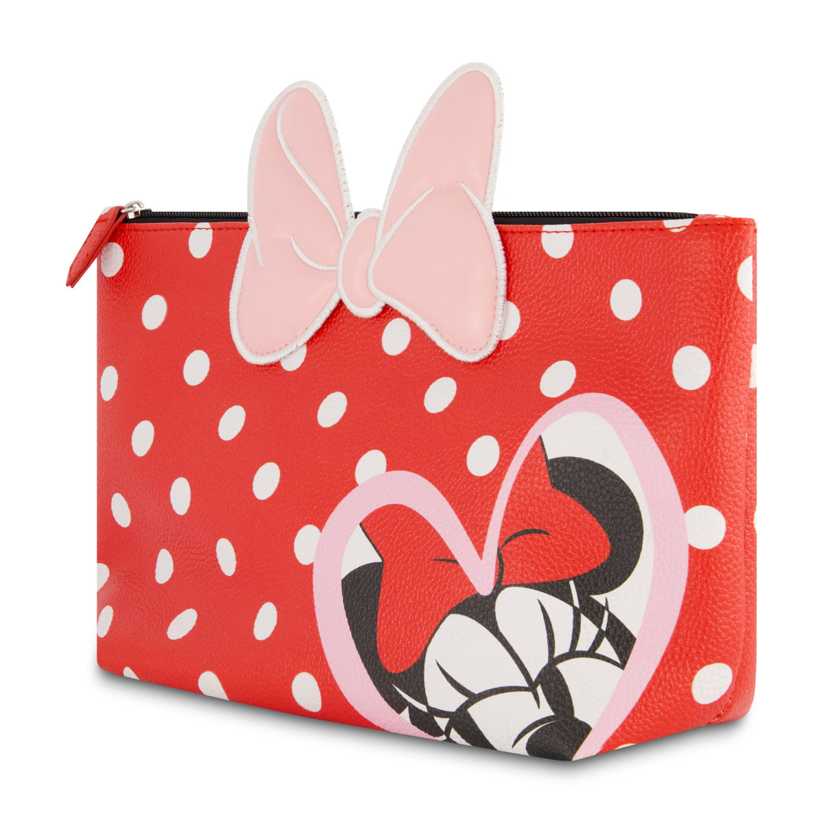 This adorable Minnie Mouse polka dot red cosmetic bag features Minnie's iconic red and white polka dot pattern, complete with a playful pink bow accent.