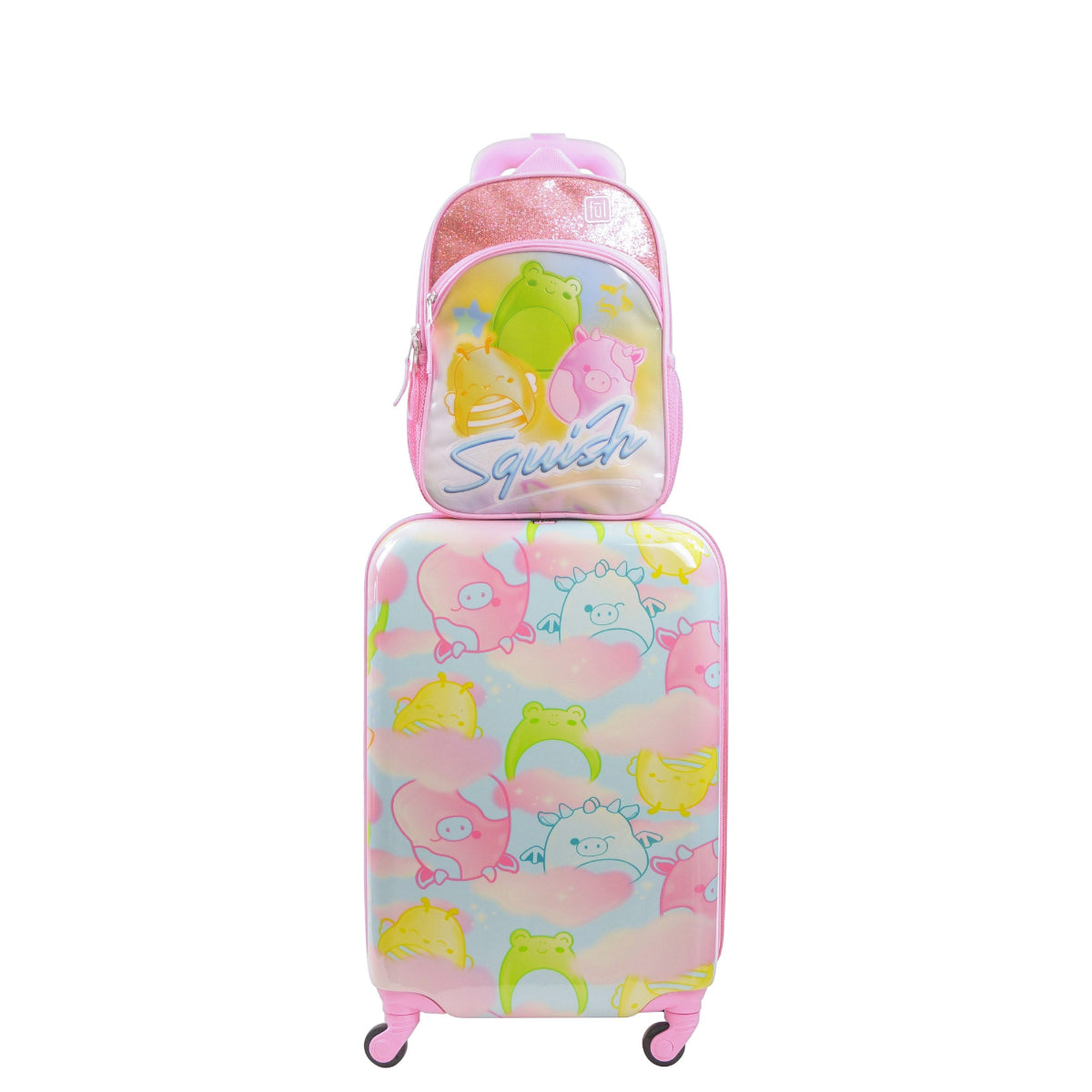 Officially licensed Squishmallows Clouds 2-piece luggage spinner suitcase set by FUL featuring a 21" hard-shell carry-on suitcase and a matching 13" backpack.