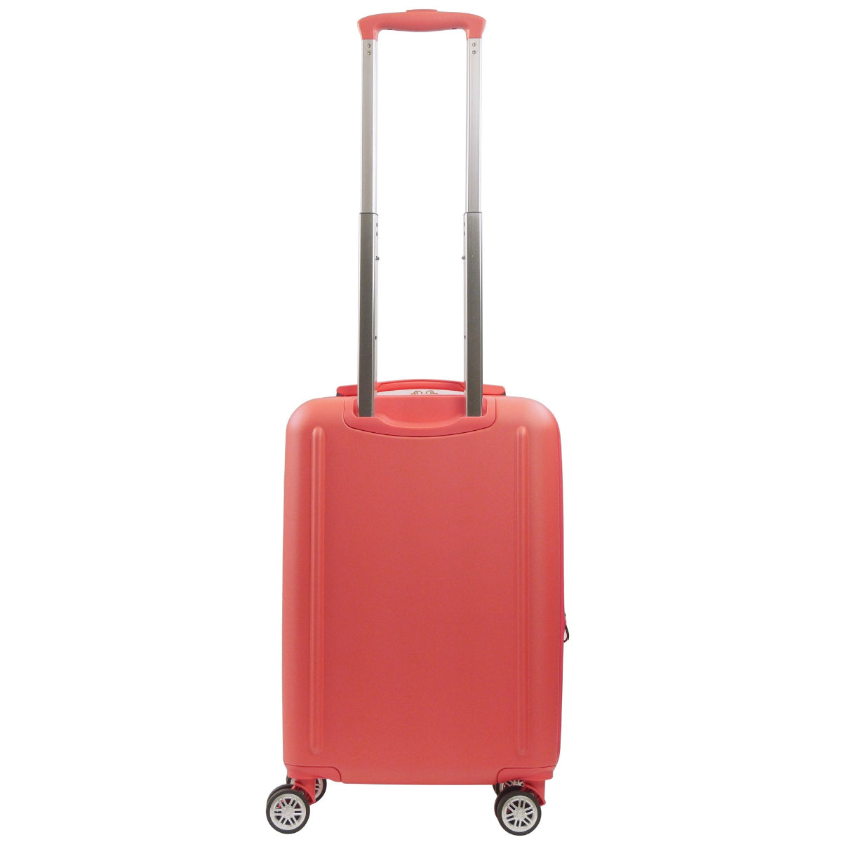 Coral orange pink 3D Pineapple 22-inch carry-on hardside expandable luggage durable, fast and effort-free transportation with 360° spinner wheels. Officially licensed Tommy Bahama. Back view.