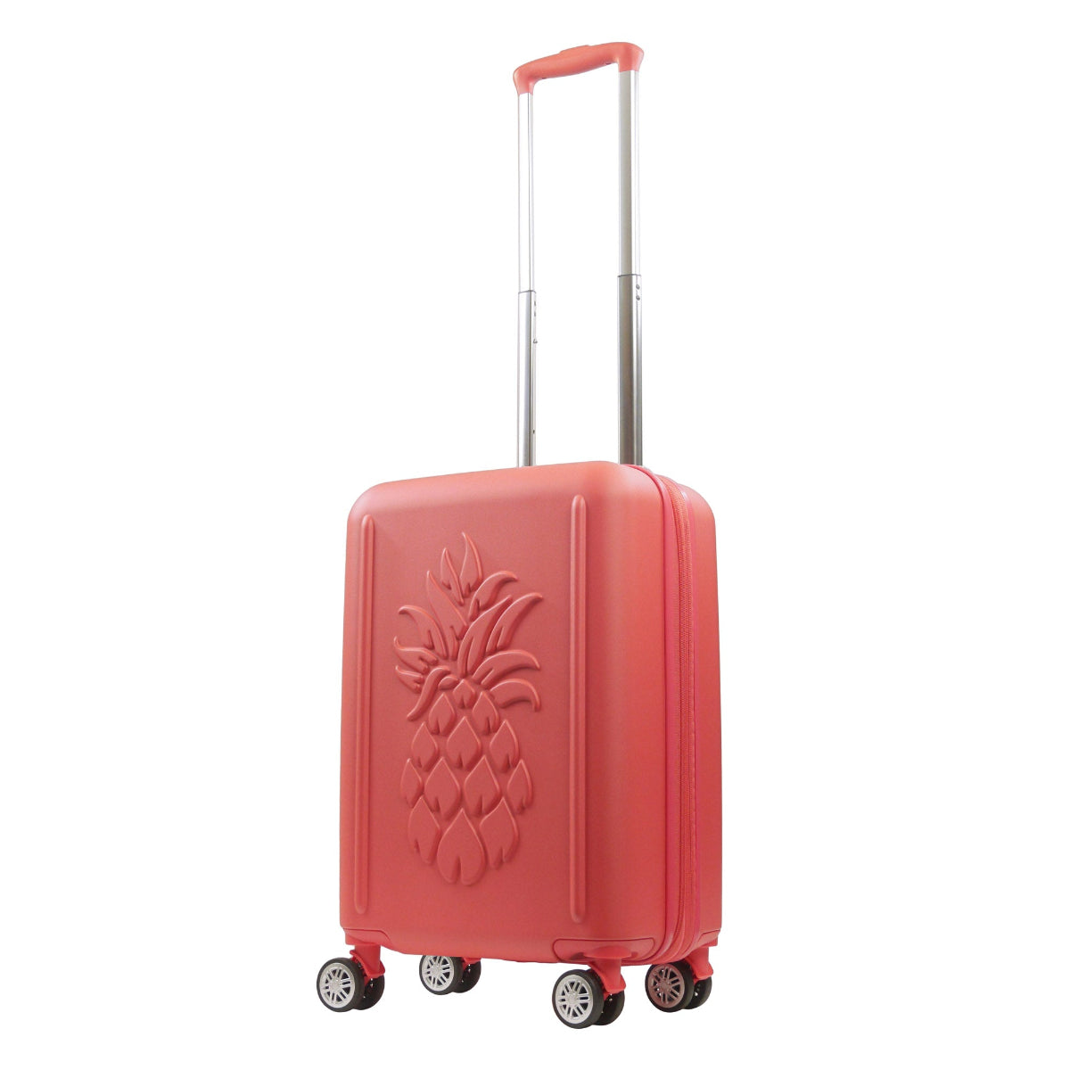 Coral orange pink 3D Pineapple 22.5-inch carry-on hardside expandable luggage durable, fast and effort-free transportation with 360° spinner wheels. Officially licensed Tommy Bahama. Angled.