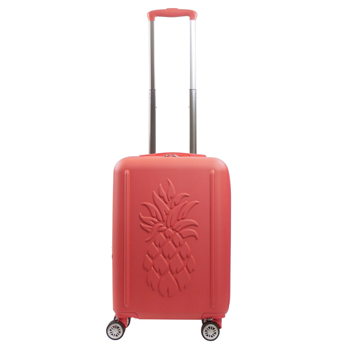 Coral orange pink 3D Pineapple 22.5-inch carry-on hardside expandable luggage durable, fast and effort-free transportation with 360° spinner wheels. Officially licensed Tommy Bahama. Front.