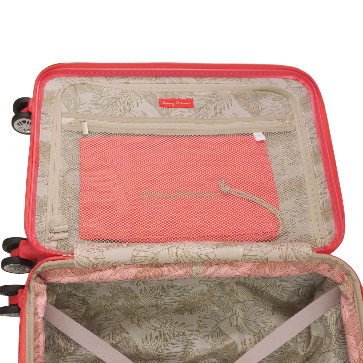 Coral orange pink 3D Pineapple 22.5-inch carry-on hardside expandable luggage durable, fast and effort-free transportation with 360° spinner wheels. Officially licensed Tommy Bahama. Interior.