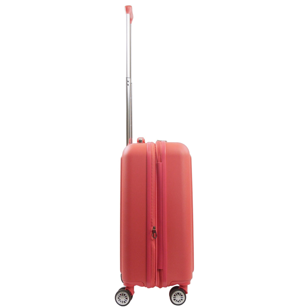 Coral orange pink 3D Pineapple 22.5-inch carry-on hardside expandable luggage durable, fast and effort-free transportation with 360° spinner wheels. Officially licensed Tommy Bahama. Side view.