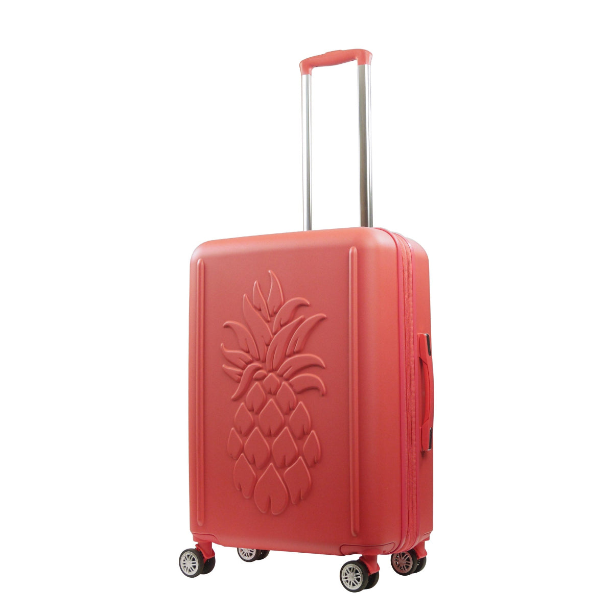 Coral orange pink 3D Pineapple 26.5-inch carry-on hardside expandable luggage durable, fast and effort-free transportation with 360° spinner wheels. Officially licensed Tommy Bahama. Angled.