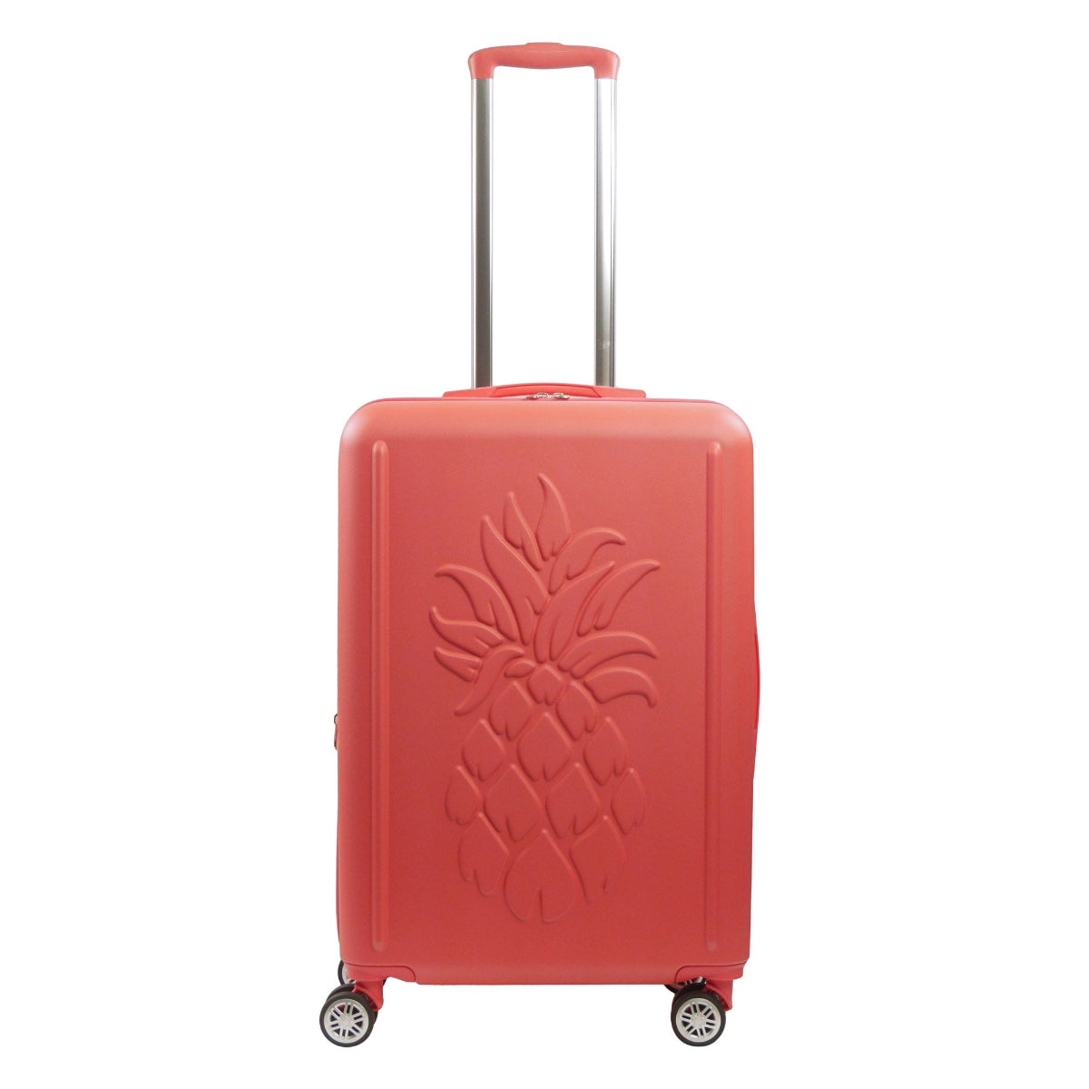 Coral orange pink 3D Pineapple 26.5-inch carry-on hardside expandable luggage durable, fast and effort-free transportation with 360° spinner wheels. Officially licensed Tommy Bahama. Front.