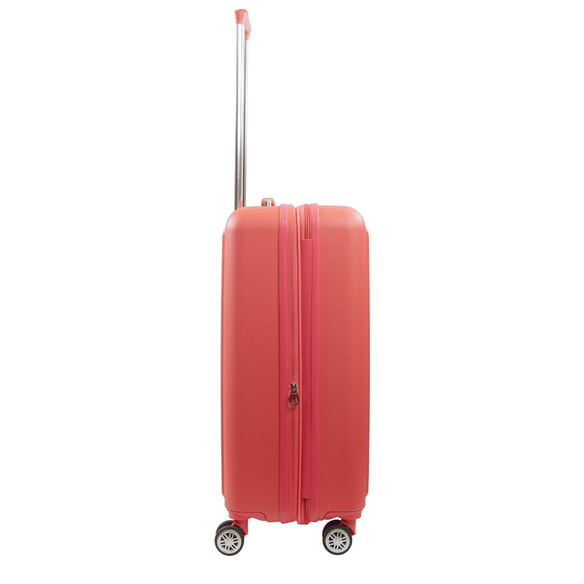 Coral orange pink 3D Pineapple 26.5-inch carry-on hardside expandable luggage durable, fast and effort-free transportation with 360° spinner wheels. Officially licensed Tommy Bahama. Side view.