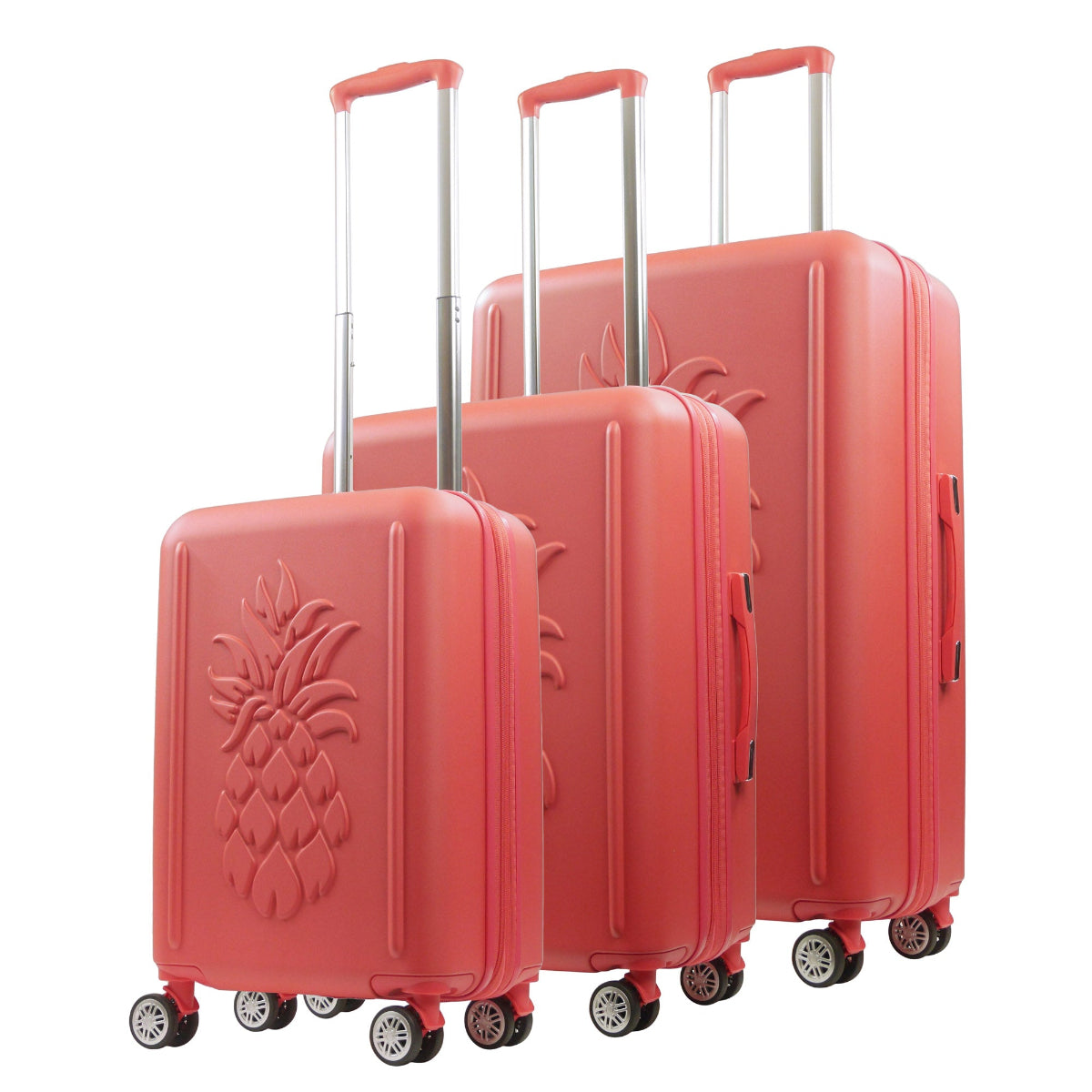 Coral orange pink 3D Pineapple carry-on hardside expandable luggage set durable, fast and effort-free transportation with 360° spinner wheels. Officially licensed Tommy Bahama. Angled.