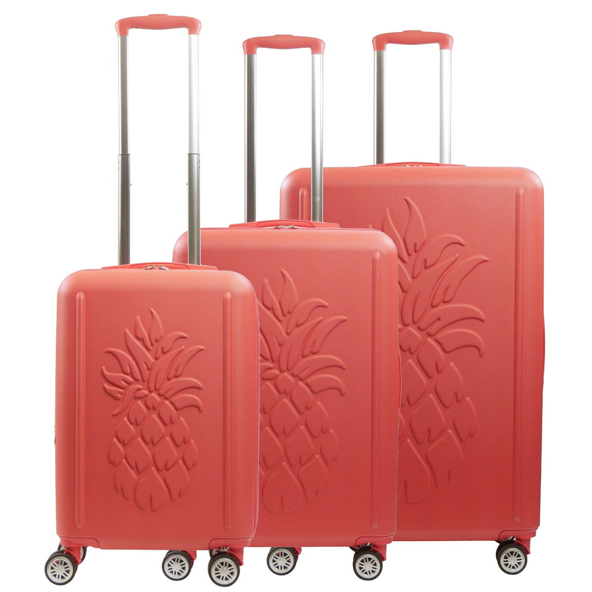 Coral orange pink 3D Pineapple carry-on hardside expandable luggage set durable, fast and effort-free transportation with 360° spinner wheels. Officially licensed Tommy Bahama. Front.