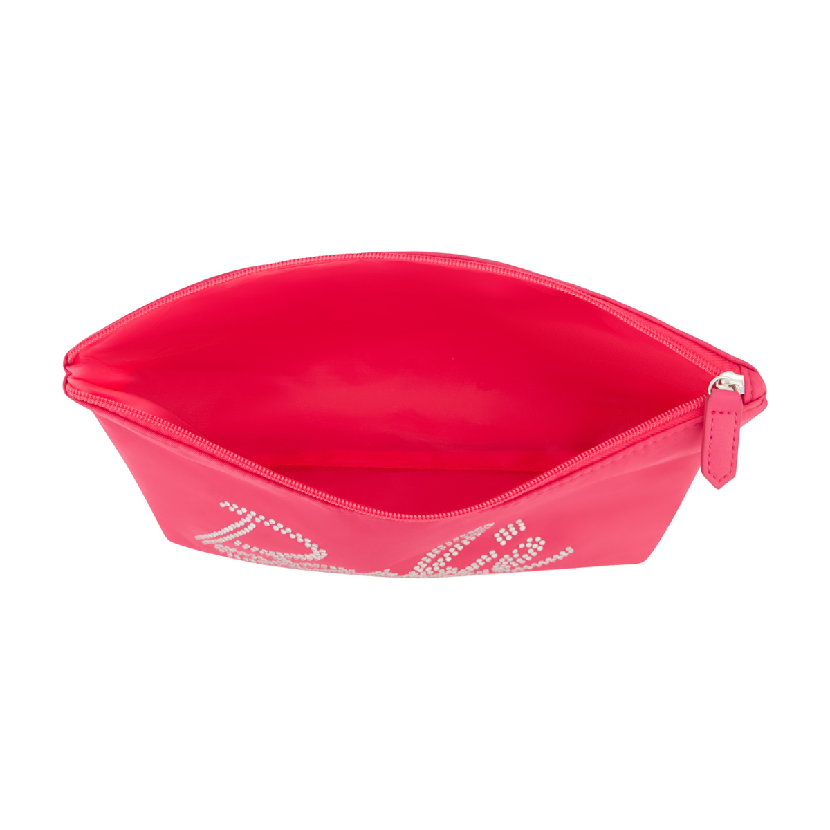 Pink signature Barbie rhinestone-studded logo and iconic silhouette inside capacity