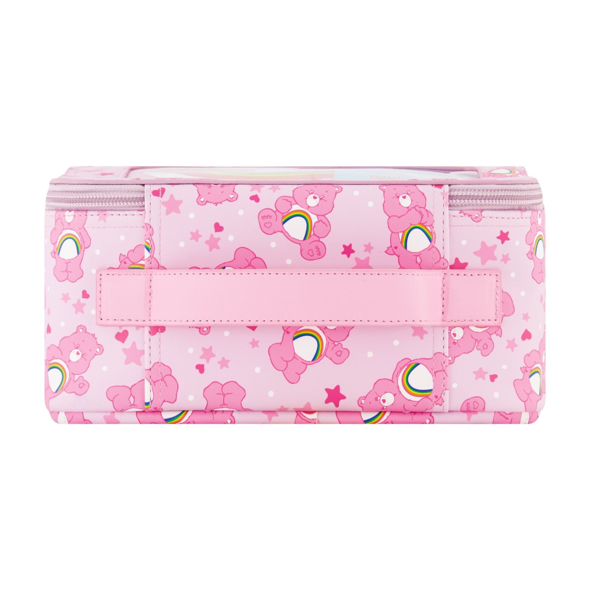 Pink Care Bears Cheer Bear 2-Piece Travel Cosmetic Case Set features a large cosmetic case adorned with the iconic Care Bears logo and an all-over Cheer Bear print, along with a smaller pouch showcasing a vibrant rainbow design. Both pieces are perfect for keeping your beauty essentials, toiletries, and accessories organized on the go, with charming heart-shaped Care Bears zipper pulls.