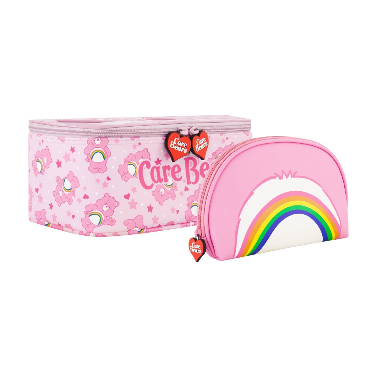 Pink Care Bears Cheer Bear 2-Piece Travel Cosmetic Case Set features a large cosmetic case adorned with the iconic Care Bears logo and an all-over Cheer Bear print, along with a smaller pouch showcasing a vibrant rainbow design. Both pieces are perfect for keeping your beauty essentials, toiletries, and accessories organized on the go, with charming heart-shaped Care Bears zipper pulls.