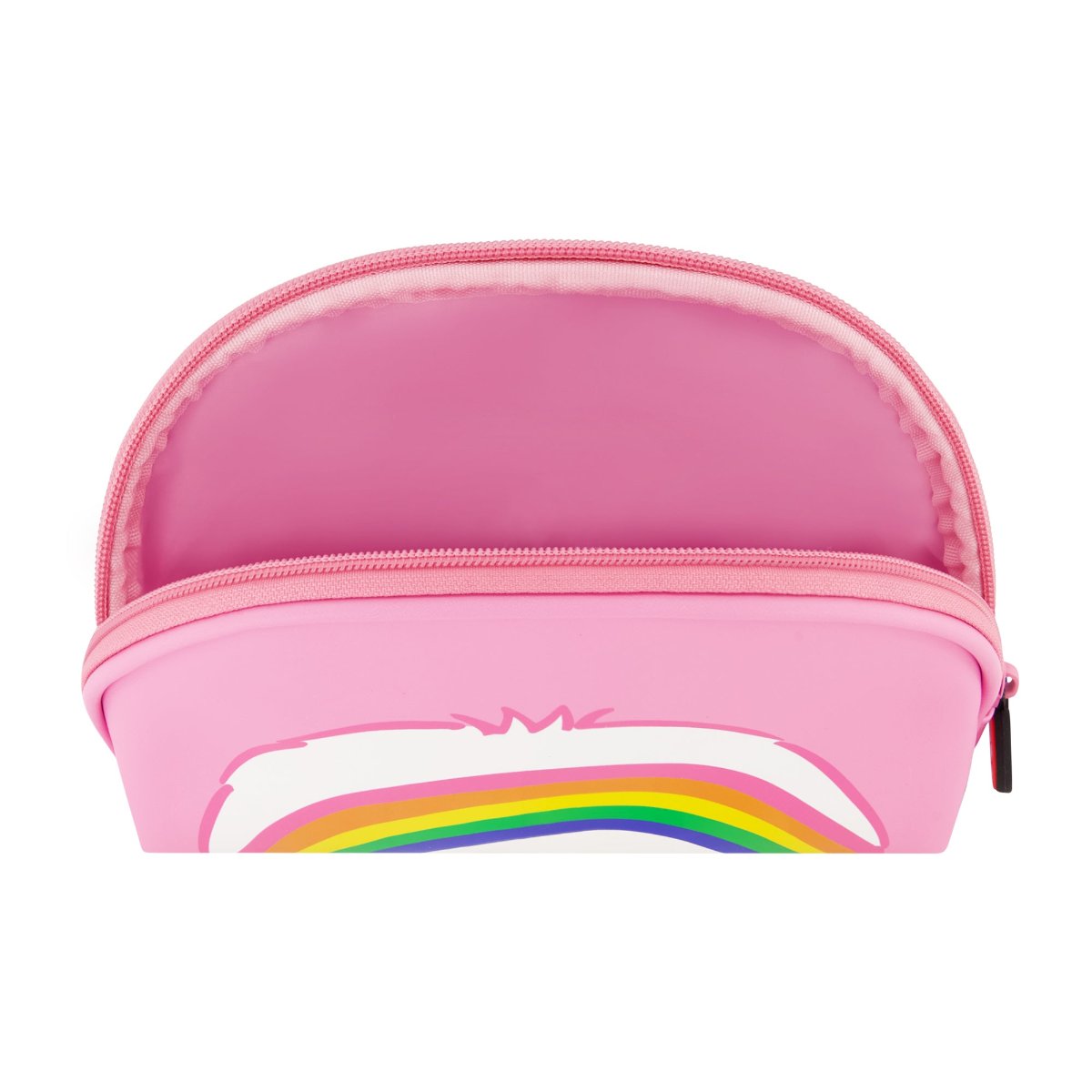 Pink Care Bears Cheer Bear 2-Piece Travel Cosmetic Case Set features a large cosmetic case adorned with the iconic Care Bears logo and an all-over Cheer Bear print, along with a smaller pouch showcasing a vibrant rainbow design. Both pieces are perfect for keeping your beauty essentials, toiletries, and accessories organized on the go, with charming heart-shaped Care Bears zipper pulls.